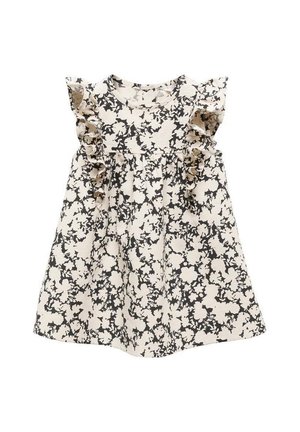 Kwiatowa sukienka z krótkimi falbanowymi rękawami, beżowa tkanina z czarnymi wzorami liści, marszczona talia i rozkloszowany dół.