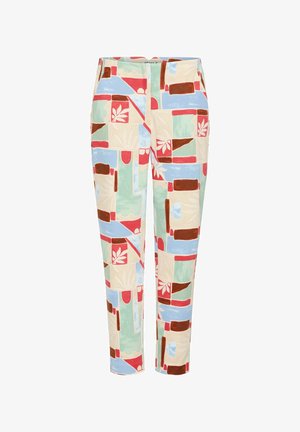 Multi-colored, patterned trousers featuring geometric shapes and plant motifs in red, green, blue, and cream. Made of soft fabric.