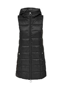 Schwarweste ohne Ärmel mit Kapuze, horizontal gestepptem Muster, frontalem Reißverschluss und Druckknopftaschen auf beiden Seiten.