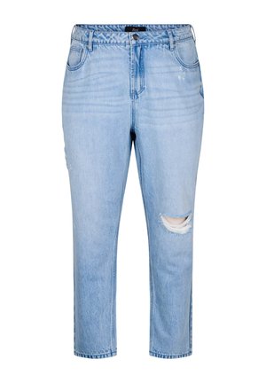 Svetlomodré riflové nohavice s vysokým pásom, rovnými nohavicami a poškodením na pravom stehne. Majú päť vreciek a klasické zapínanie na gombík.