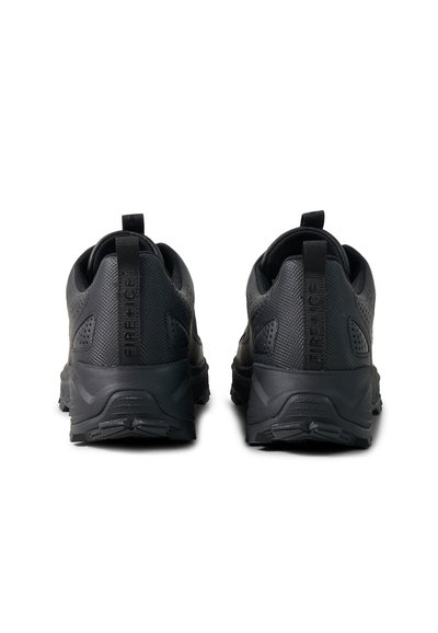 Pair of black athletic shoes shown from the back with textured material and pull tabs on heel collars, set against a white background.