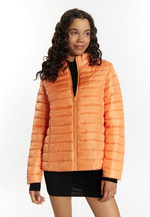 Giacca imbottita di un vivace arancione, con chiusura a cerniera frontale, polsini a costine e texture a righe orizzontali per calore e comfort.