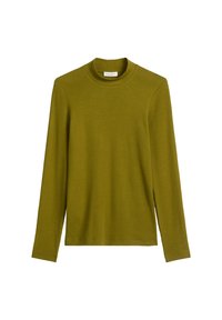 Chemise à col montant olive à manches longues, design uni, présentée à plat sur un fond blanc.