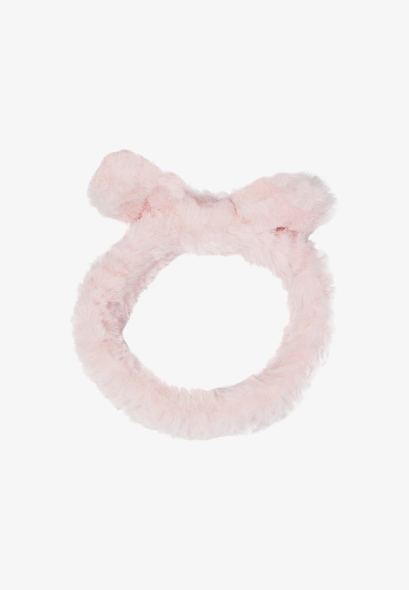 Rosa plysch hårband med rund form, mjuk pälsstruktur och två överdimensionerade rosettaccenten på toppen.