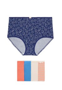 Marineblauwe hooggewaadde onderbroek met een schelpenpatroon en een roze strik in de taille. Inclusief vier extra gekleurde paren in koraal, blauw, crème en gestreept.