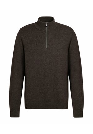 Ciemnobrązowy sweter z wysokim kołnierzem, zamkiem na 1/4 długości, ściągaczami na mankietach i miękką, teksturowaną powierzchnią. Klasyczny krój.