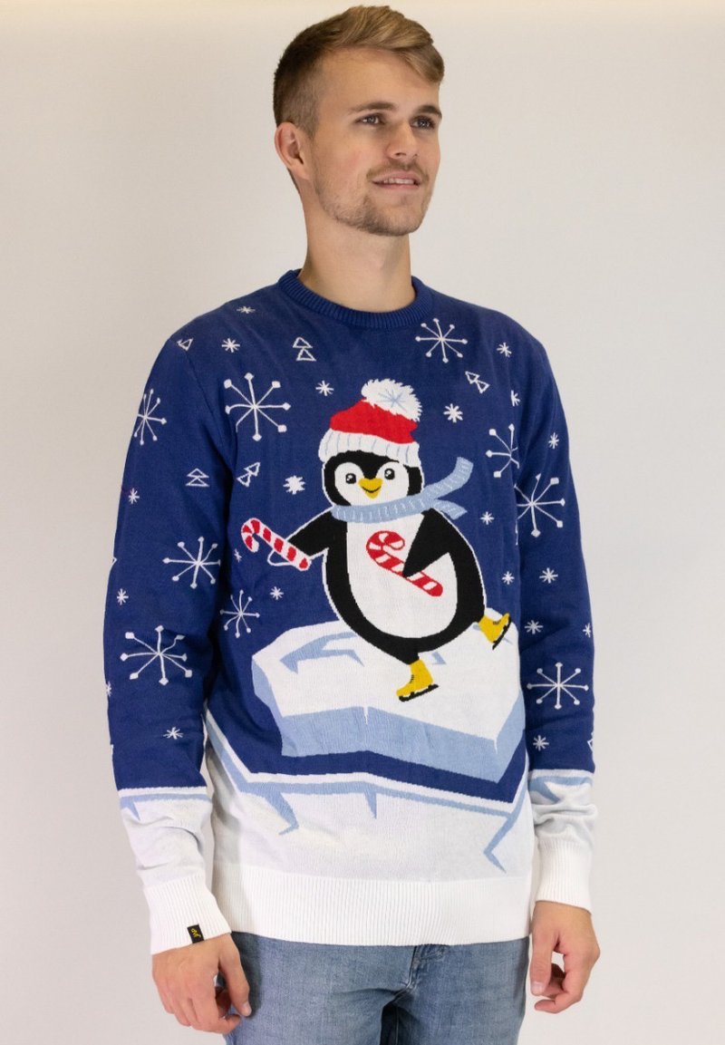 Blauer gestrickter Pullover mit einem Pinguin in einem roten Hut auf einem Eisblock, mit weißen Bündchen und Schneeflockenmustern auf der gesamten Fläche.