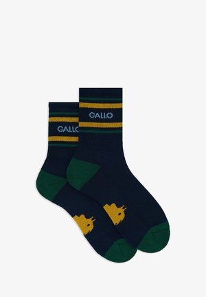 Calze navy con strisce gialle e verdi, con il testo "GALLO". Accenti verdi nel tallone e nella punta, decorati con una grafica gialla.