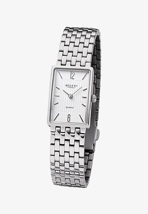 Montre-bracelet rectangulaire en argent avec cadran blanc, index argentés, chiffres "12" et "6", bracelet en métal à maillons et marquage "Regent Quartz".
