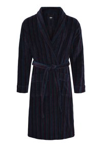 Accappatoio in peluche blu navy con strisce verticali rosse, colletto sciallato, cintura e due tasche frontali. Tessuto morbido, design fino al ginocchio.