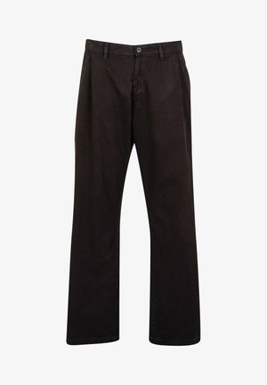 Mustad musta puuvillane püksid sirge jala disainiga, varustatud nupuvajutusega sulgemisega ja tavaliste taskutega. Minimalistlik stiil, ilma nähtavate mustriteta.