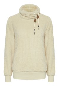 Cream-colored fleece pullover with a high collar, drawstring accents, and ribbed cuffs and hem. Soft, textured fabric for warmth.