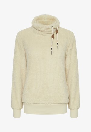 Kremowy polarowy pulower z wysokim kołnierzem, akcentami w postaci sznurków oraz ściśniętymi mankietami i dolnym brzegiem. Miękka, teksturowana tkanina zapewniająca ciepło.