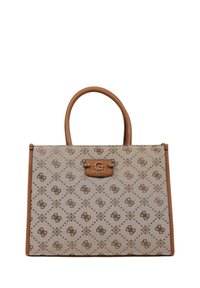 Beige structured handbag with a geometric pattern, brown accents, and a metal logo. Features rounded handles and a rectangular shape.