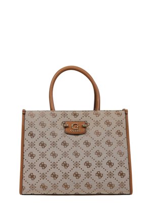 Beige structured handbag with a geometric pattern, brown accents, and a metal logo. Features rounded handles and a rectangular shape.