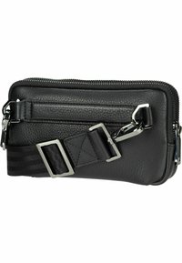 Schwarze Leder-Umhängetasche mit strukturiertem Oberflächen, ausgestattet mit einem Reißverschluss, einer Fronttasche und silberfarbigen Hardware-Details.