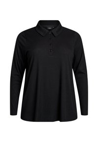 Černé polo tričko s dlouhým rukávem a límečkem, s pěti knoflíky a žebrovanou strukturou, s pohodlným střihem a rovnými lemy.