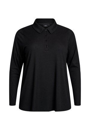 Black long-sleeve polo shirt with a collar, five button placket, and ribbed texture, featuring a relaxed fit and even hem.