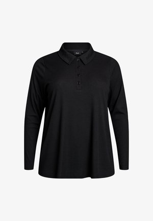 Melna garenotā polo krekls ar apkakli, piecu pogu aizdari un ribotu tekstūru, piedāvājot brīvu piegriezumu un vienmērīgu apakšmalu.