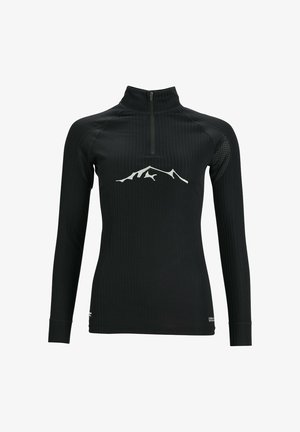 Black long-sleeve zip-up shirt with ribbed texture, featuring a mountain graphic in white on the chest and mesh accents on the shoulders.