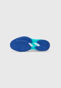 Blue rubber outsole with a textured pattern, featuring a turquoise midsole and white detailing. Designed for traction and stability.