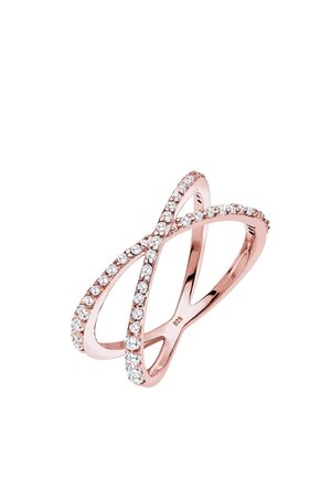 Roségold Crisscross-Ring, verziert mit kleinen runden klaren Edelsteinen auf beiden Bändern, innen mit 925 markiert.
