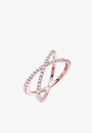 Bague croisée en or rose ornée de petites pierres précieuses rondes et claires sur les deux bandes, marquée 925 à l'intérieur de l'anneau.
