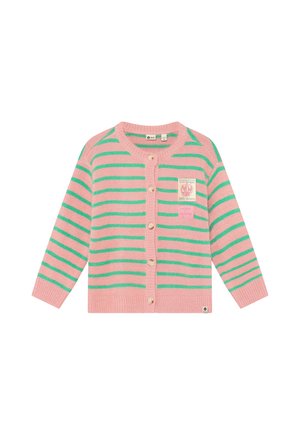 Pinkfarbener Cardigan mit grünen horizontalen Streifen, Knöpfen vorne und kleinen Aufnähern auf der linken Brust.