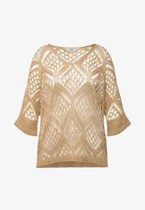 Beżowy dzianinowy top z wzorem w romby, szerokimi rękawami i okrągłym dekoltem. Tekstura jest lekka i oddychająca.