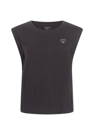 Zwart mouwloos topje gemaakt van zachte stof, met een ronde halslijn en een subtiel logo aan de linkerkant. Rechte snit met iets verlaagde armgaten.