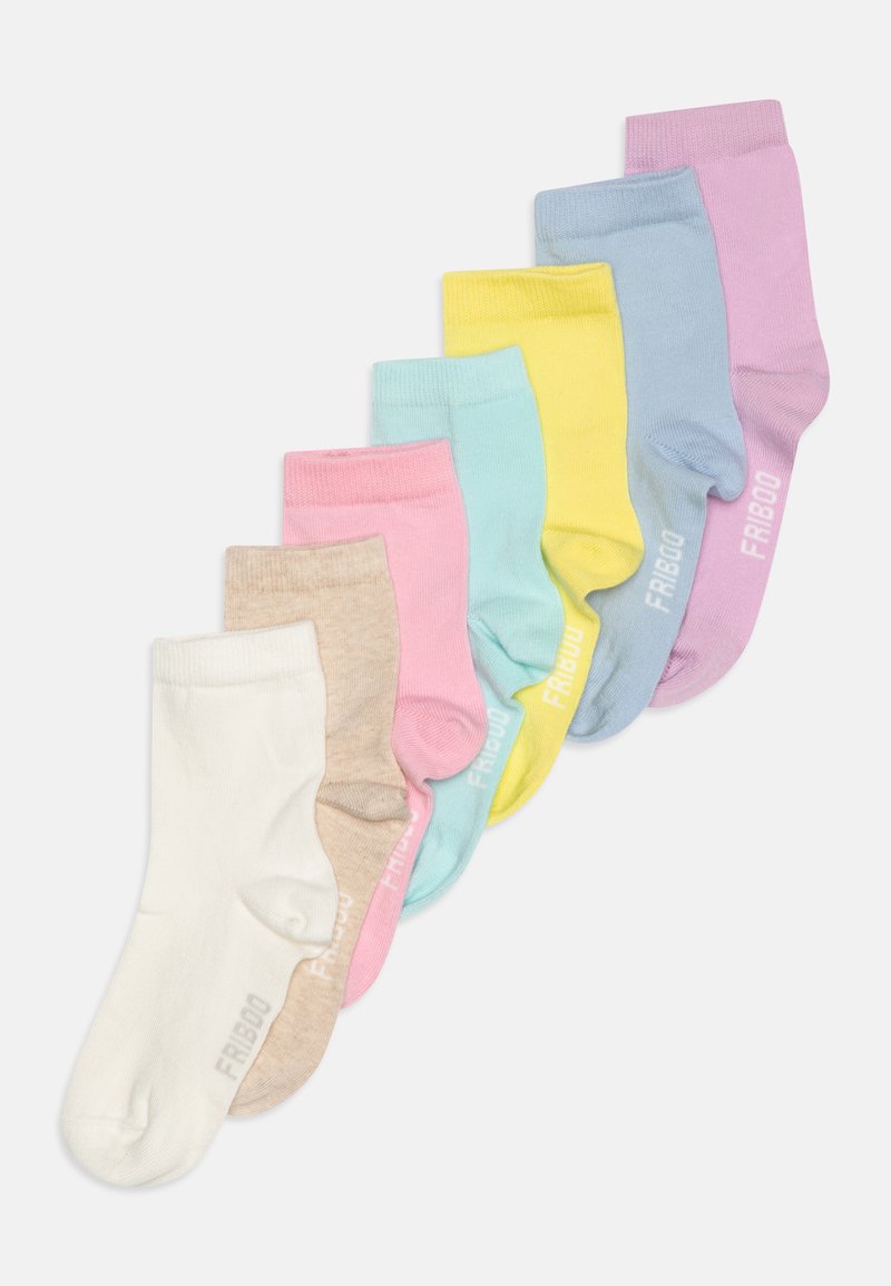 Set of nine ankle socks in varied pastel colors: white, beige, pink, blue, yellow, and lavender. Each features the text "FRIBOO" on the side.