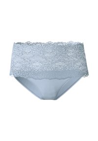 Lichtblauwe slipjes met een kanten bovenband, een glad ondergedeelte en delicate gekartelde randen; gemaakt van zacht katoen met een bloemenkantpatroon.