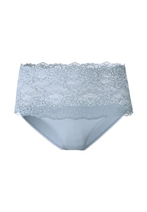 Lichtblauwe slipjes met een kanten bovenband, een glad ondergedeelte en delicate gekartelde randen; gemaakt van zacht katoen met een bloemenkantpatroon.