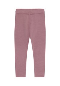 Leggings per bambini di colore mauve solido con cintura elastica, realizzati in tessuto morbido ed elasticizzato, mostrati distesi su uno sfondo bianco.