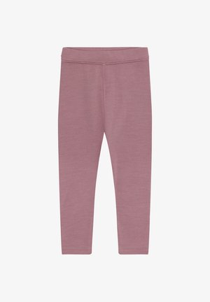 Leggings per bambini di colore mauve solido con cintura elastica, realizzati in tessuto morbido ed elasticizzato, mostrati distesi su uno sfondo bianco.