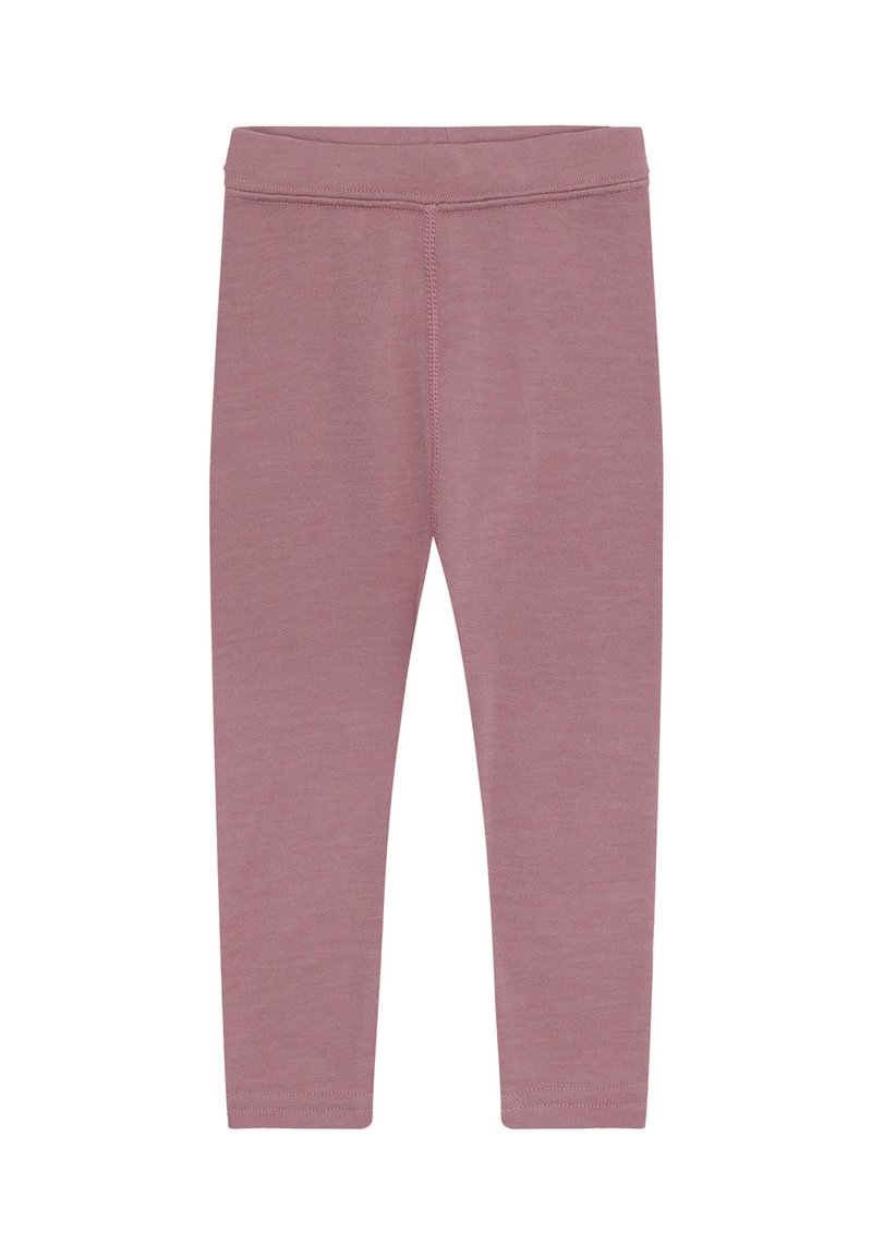 Leggings per bambini di colore mauve solido con cintura elastica, realizzati in tessuto morbido ed elasticizzato, mostrati distesi su uno sfondo bianco.