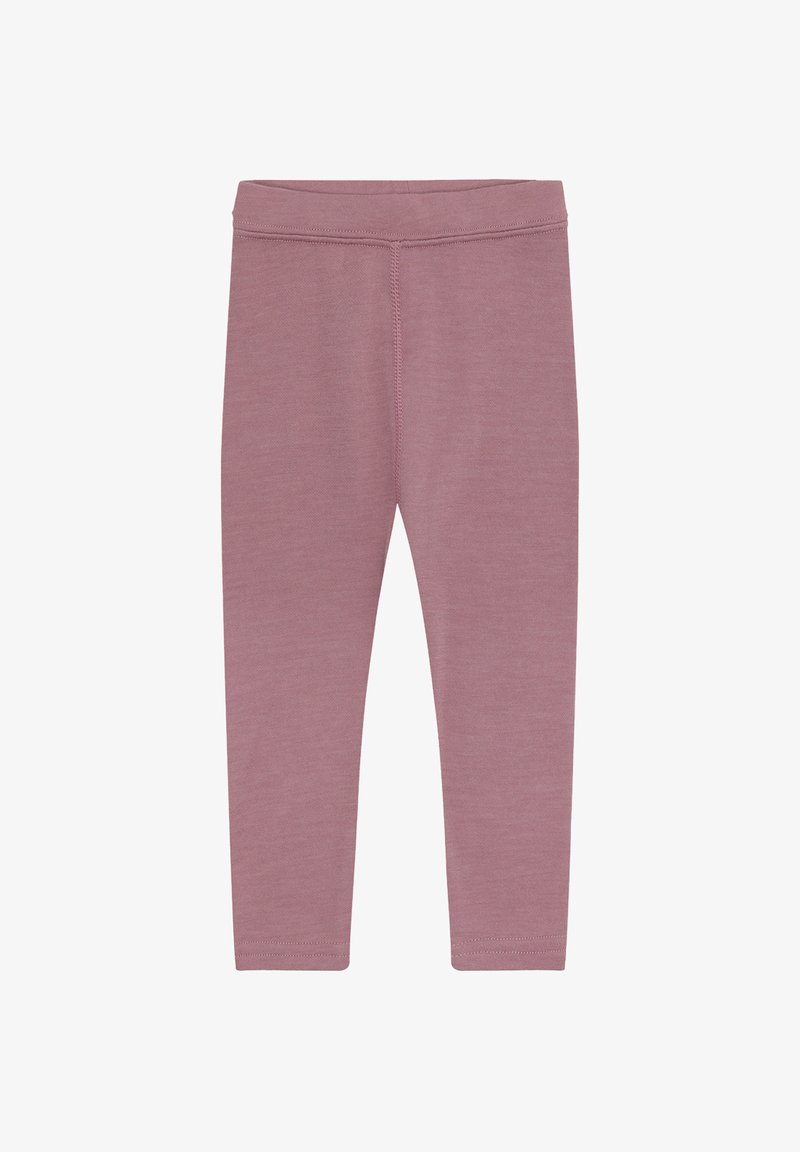 Leggings per bambini di colore mauve solido con cintura elastica, realizzati in tessuto morbido ed elasticizzato, mostrati distesi su uno sfondo bianco.