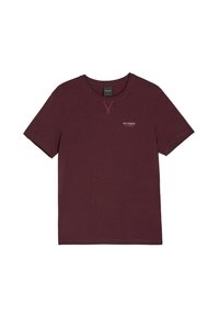 Bordowa koszulka z krótkim rękawem z miękkiego materiału, z okrągłym dekoltem i małym białym logo na piersi.