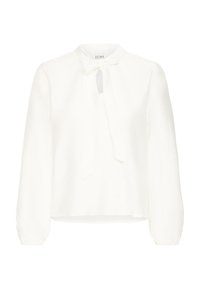Blouse blanche à manches longues, avec un col en nœud papillon et une ouverture en forme de clé au niveau du cou. Fabriquée en tissu léger et texturé.