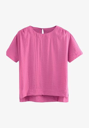 Kurzärmliges, lässiges Oberteil aus weichem, zerknittertem Stoff. Heller Pink-Ton mit einem Schlüsselloch-Rücken-Detail und leicht abgerundetem Saum.