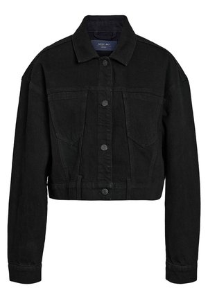 Black denim cropped jacket with a button-up front, two chest pockets, and a classic collar. Features tonal stitching and long sleeves.