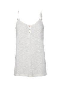 Witte tanktop met dunne bandjes, voorzien van een ronde halslijn en drie knopen aan de voorkant. Gemaakt van zachte, gestructureerde stof met een subtiel patroon.