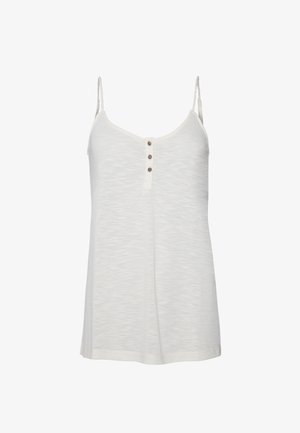 Witte tanktop met dunne bandjes, voorzien van een ronde halslijn en drie knopen aan de voorkant. Gemaakt van zachte, gestructureerde stof met een subtiel patroon.