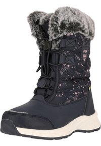Schwarze Schneestiefel mit Kunstfellkragen, Gummisohle und Schnürdesign. Mit einem sternenmuster und strukturiertem Obermaterial für Wärme und Bodenhaftung.