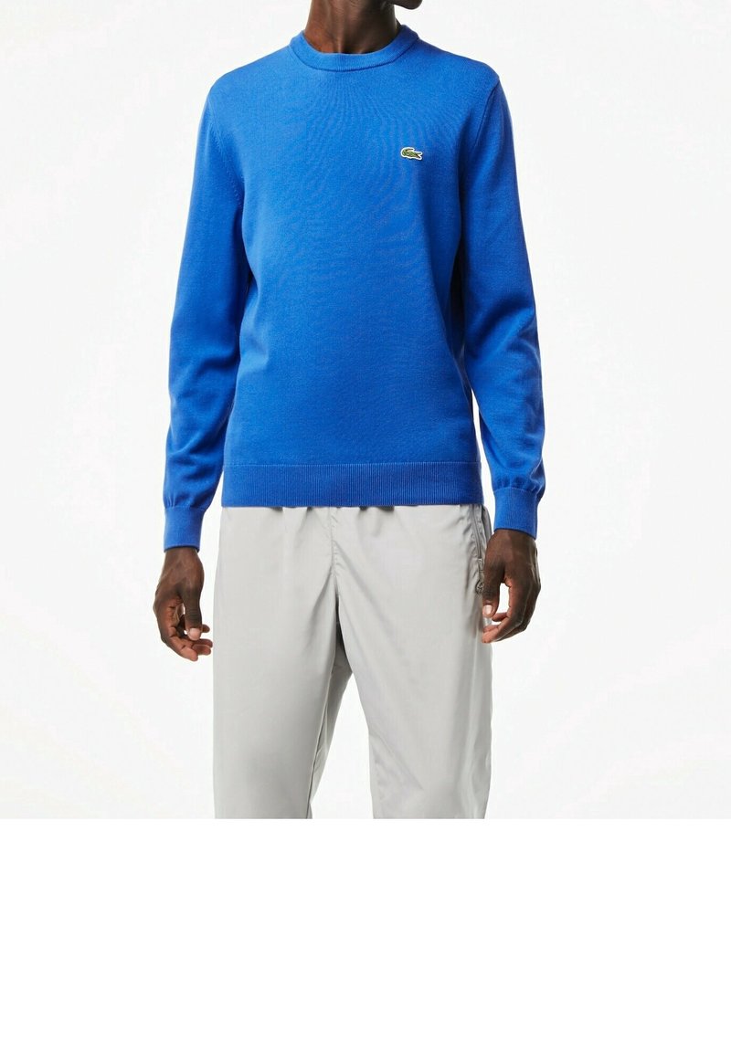 Homme portant un pull bleu à manches longues avec un petit logo vert sur la poitrine et un pantalon gris clair, debout devant un fond blanc.