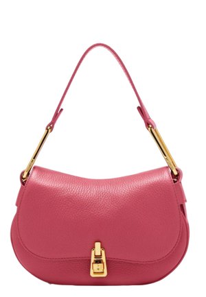 Borsa in pelle rosa con forma curva, dotata di una chiusura dorata e di una tracolla piatta. La texture è liscia con una grana sottile.