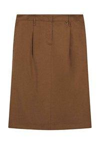 Hnědá sukně s elegantním designem, dvěma předními sklady, bočními kapsami a kovovým detailem na pasu. Hladká textura.