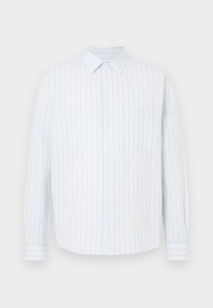 Srajca z dolgimi rokavi in gumbi, z navpičnimi svetlomodrimi in bež črtami, prsni žep in klasični ovratnik.