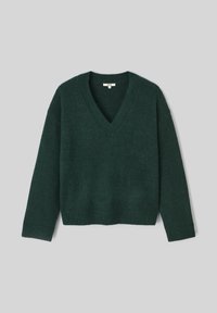 Pull vert foncé au design en V, à manches longues et à coupe courte. Fabriqué en tissu doux et texturé avec des poignets et un ourlet côtelés.