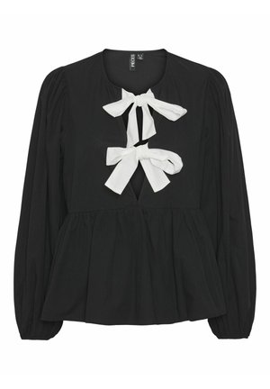 Top preto com um design plissado, apresentando mangas bufantes longas e dois laços brancos no decote. Tecido suave e detalhe de abertura na frente.